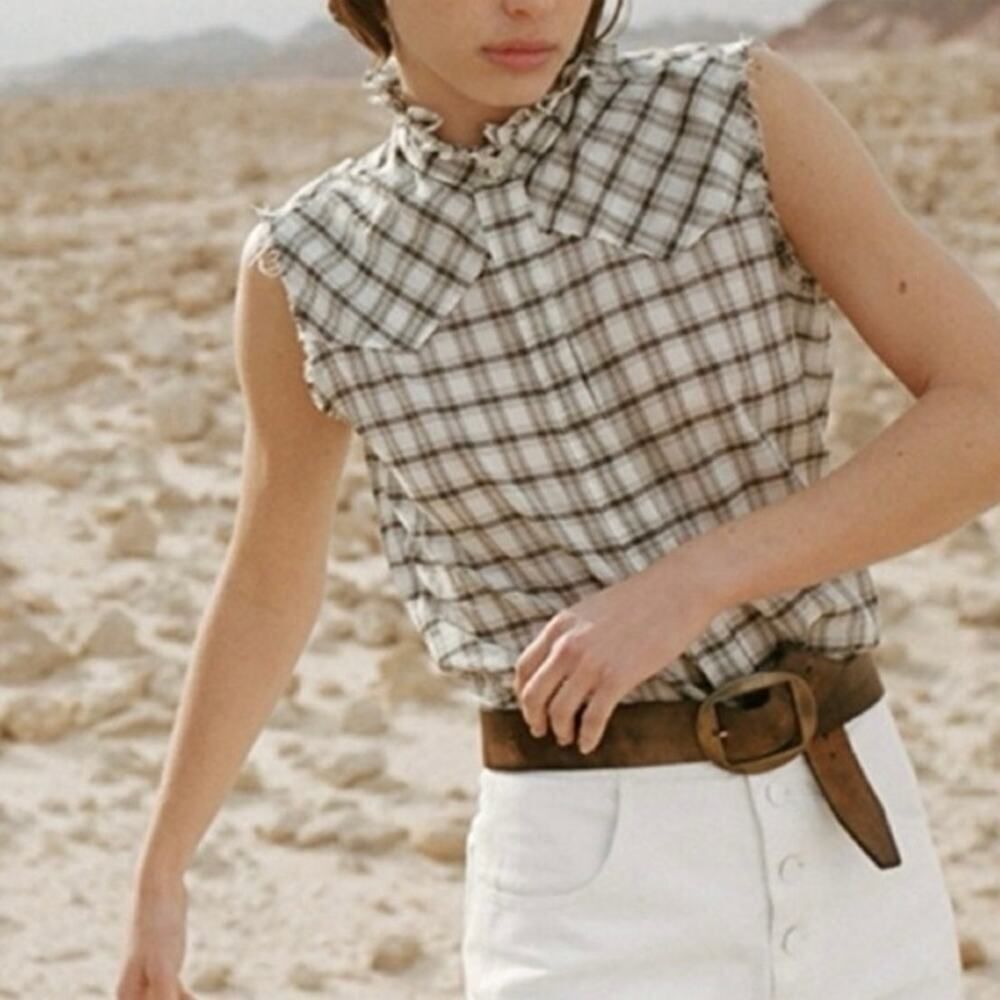 Nili Lotan Feora Western Sleeveless Top Plaid Ruffle Size Small